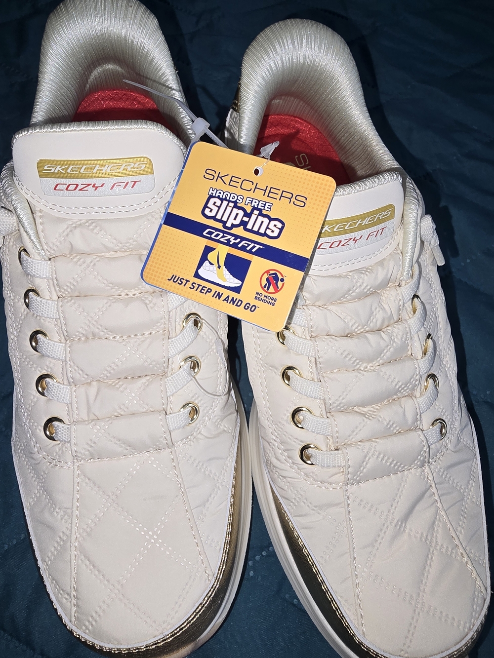 Skechers Quilted Slip-In Sneakers in Cream with Gold Trim, Size U.S 7.5